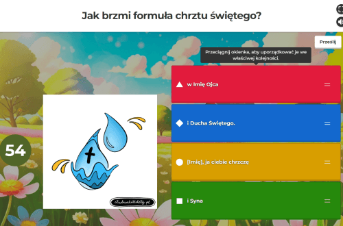 Ekran z pytaniem o sakramenty w aplikacji Kahoot wyświetlany podczas zajęć.