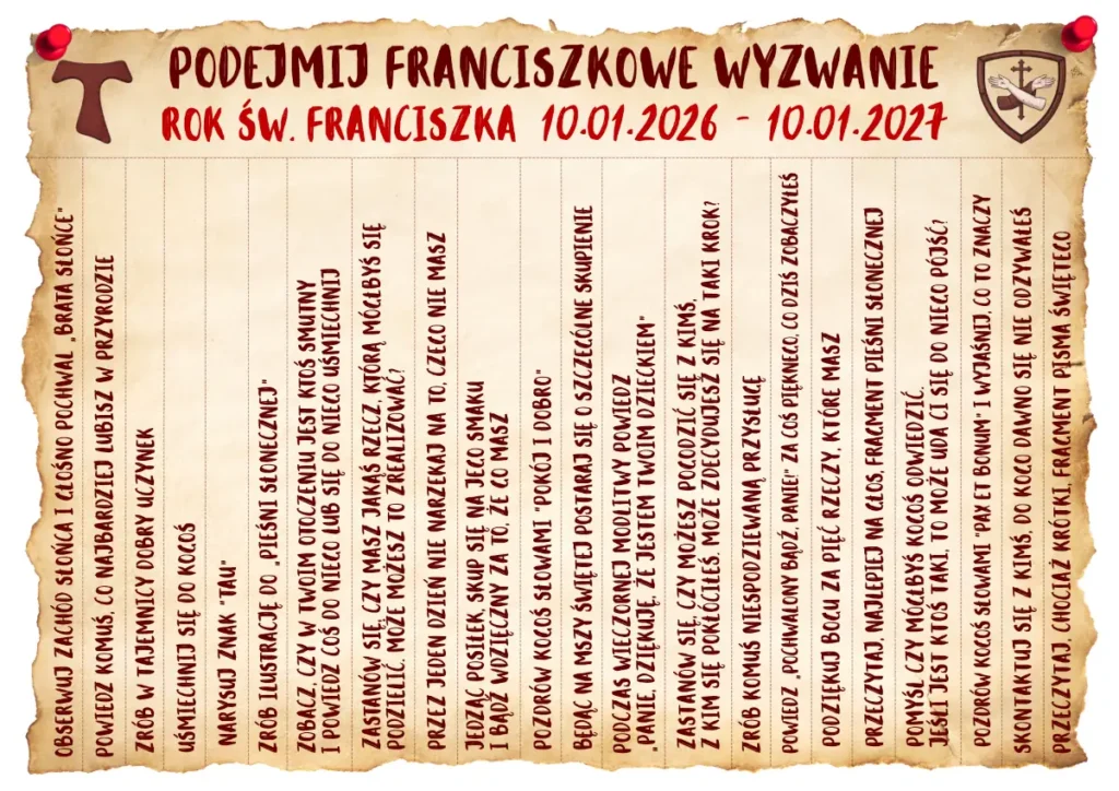 Darmowe Franciszkowe wyzwania do losowania na lekcji religii i katechezie parafialnej o świętym Franciszku