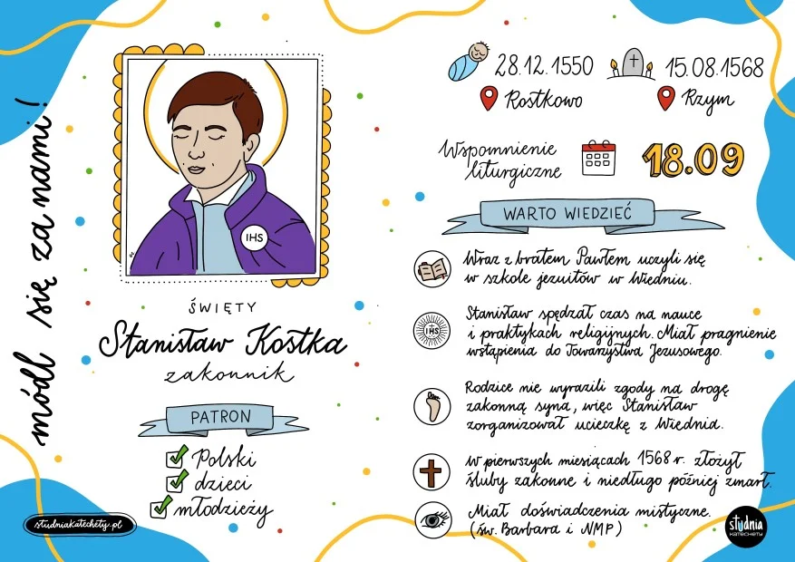 Święty Stanisław Kostka – infografika i karta pracy na lekcję religii