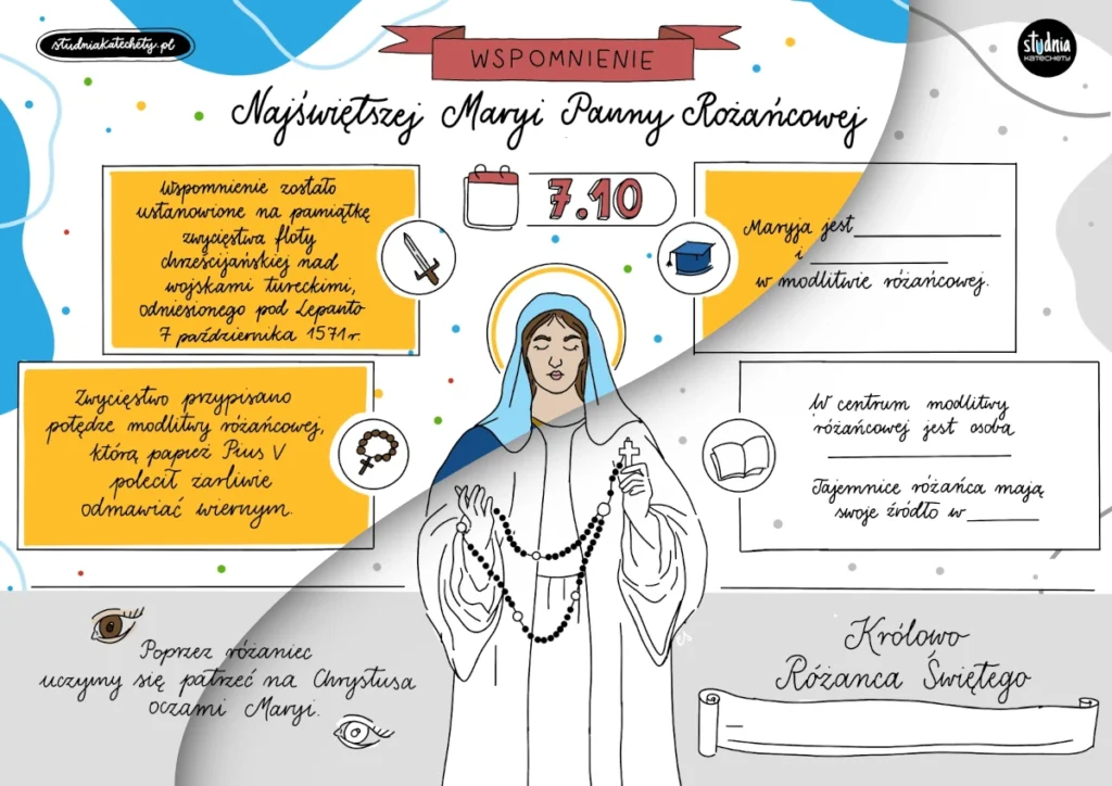 Najświętsza Maryja Panna Różańcowa – infografika na lekcję religii o święcie Matki Bożej Różańcowej
