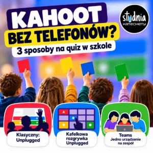 Kahoot bez telefonów – uczniowie podnoszą kolorowe kartoniki z odpowiedziami. Trzy tryby gry: Klasyczny Unplugged, Kafelkowa rozgrywka i Teams.