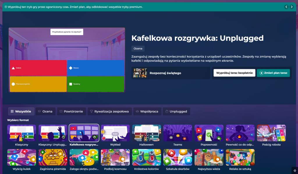 Kafelkowa rozgrywka Kahoot bez telefonów – tryb zespołowy